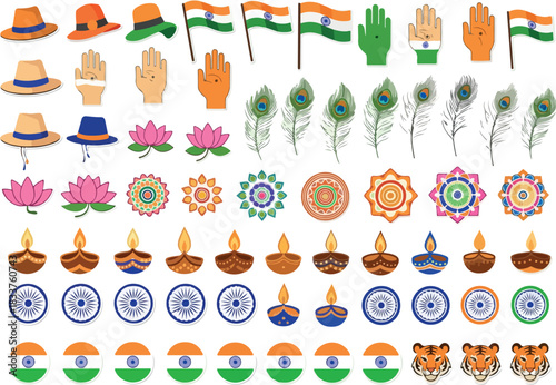 Indian cultural symbols and national emblems in vibrant, vector illustration for design needs
