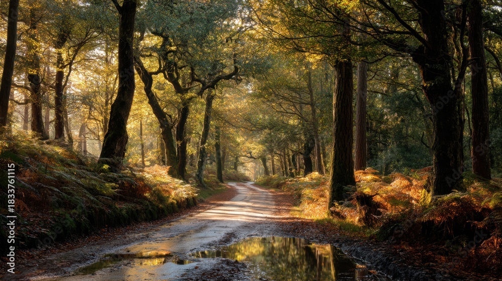 Obraz premium A road in a forest with a lot of trees and a lot of sunlight. The road is wet and there is a puddle of water on it