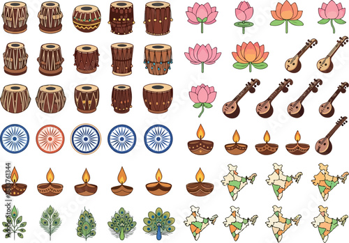 Indian Cultural Icons Set Instruments, Flora, and Symbols