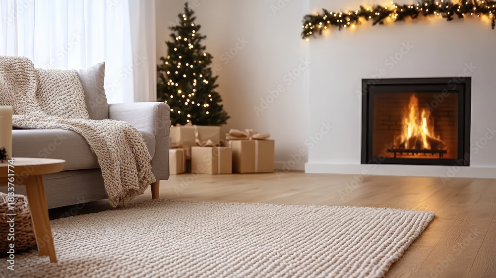 Naklejka premium Cozy living room with knitted blanket, Christmas tree and fireplace glow