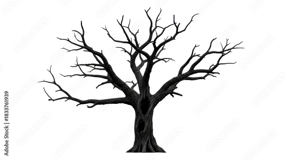 Fototapeta premium Dark and Gnarled Tree with Twisted Branches on Isolated Background