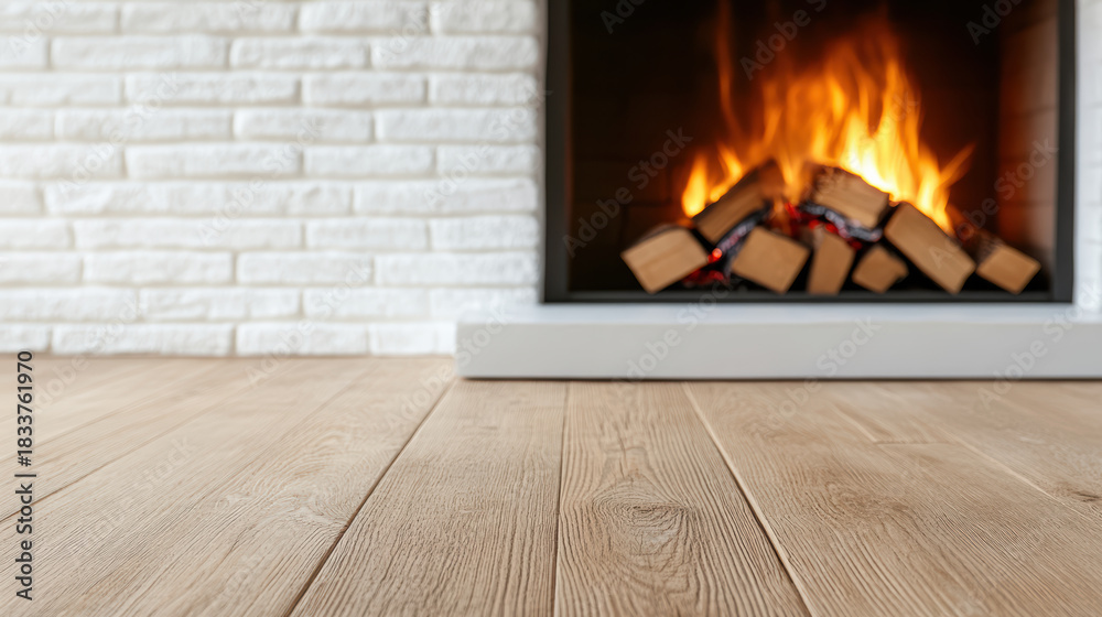Naklejka premium Cozy wooden floor fireplace warm glow inviting living room