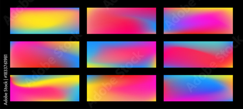 Soft rainbow gradient set. Pastel color backgrounds for print and web. Pink, blue and yellow gradation summer banner. Vibrant cover backdrops. Modern blurry mesh bg
