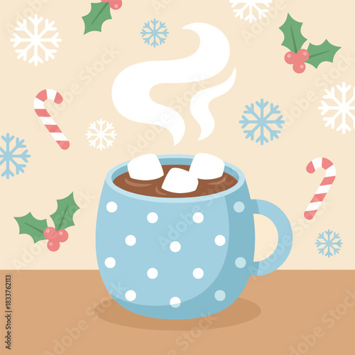 A cozy cup of hot chocolate with marshmallows surrounded by festive elements like snowflakes, holly, and candy canes in a soft winter-themed illustration.