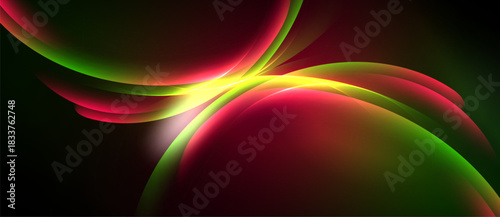 Abstract shapes blend, creating vibrant red, green, yellow flow. Smooth curves suggest energy, movement, dynamic composition. Dark background emphasizes luminosity.