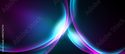 Abstract flowing shapes, vibrant purple, blue hues. Light streaks create dynamic visual impact, dark background contrasts brilliantly.