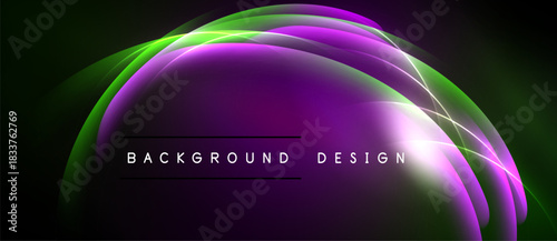 Abstract glowing curves, vibrant purple, green hues. Dark background creates dramatic visual effect. Modern design element.