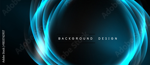 Abstract blue layers create dynamic oval shape. Dark background emphasizes glowing effect, modern design element.