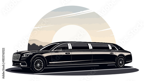 Elegant black limousine cruising against soft sunset backdrop, exuding luxury and prestige, perfect for upscale events and high-end travel promotions