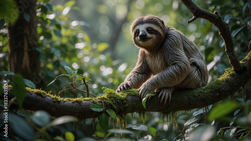 A sloth resting on a mossy branch in a lush jungle.