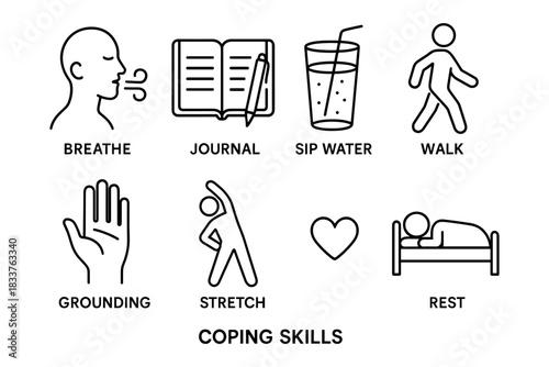 Simple techniques for stress relief and self-care icons