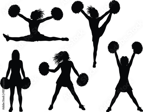 Energetic Cheerleader Silhouettes Vector Set Featuring Girls Dancing, Jumping, and Doing Splits with Pom-Poms