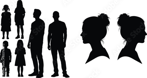 Family Group Silhouettes Standing Together And Female Side Profile Headshots With Elegant Hair Buns Vector Illustration Set