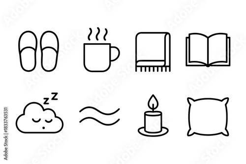 Cozy home essentials: minimalist icons of relaxation and comfort