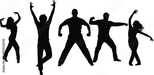 Group of happy young people silhouettes dancing jumping and celebrating success vector illustration isolated on white.