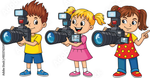 Group of Happy Cartoon Children Holding Professional Cameras Acting Like Little Photographers Vector Illustration Isolated on White Background