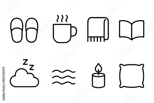 Cozy home essentials: minimalist icons of relaxation and comfort