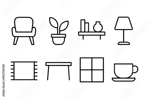 Minimalist home decor icons featuring furniture, plants, and accessories in line style