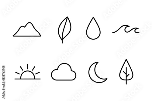 Minimalist nature icons set featuring mountain, leaf, water drop, and more