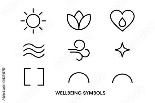 Minimalist wellbeing icons collection featuring nature and harmony symbols