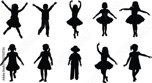 Happy Children Silhouette Vector Set of Kids Dancing Ballet Jumping and Playing Together