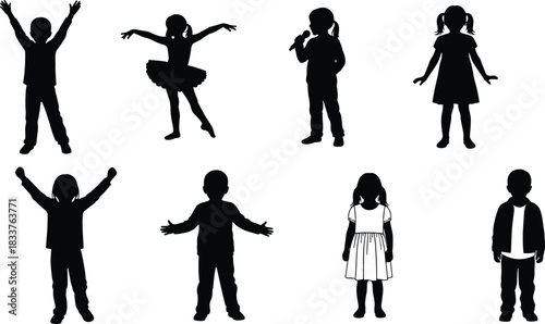 Happy Kids Silhouettes Set Featuring Singing, Dancing, Cheering, and Standing Boys and Girls Vector