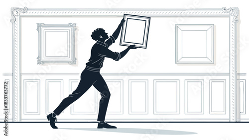 Elegant silhouette of a man hanging a frame in a classic interior, showcasing artistry and style perfect for home decor or design concepts