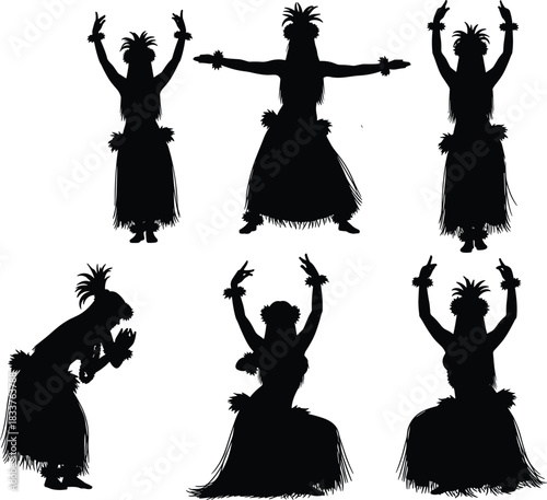 Hawaiian Hula Dancers Silhouette Vector Set of Women in Traditional Grass Skirts Performing Polynesian Dance Moves
