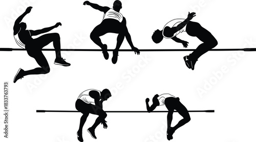 High Jump Athlete Silhouettes Set Vector Illustration of Track and Field Men Jumping Over Crossbar