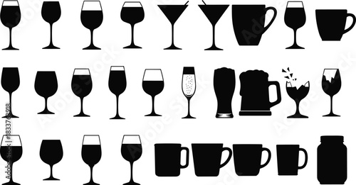 Large Collection of Drinkware Silhouettes Vector Illustration Featuring Wine Glass Beer Mug and Coffee Cup Icons in Black
