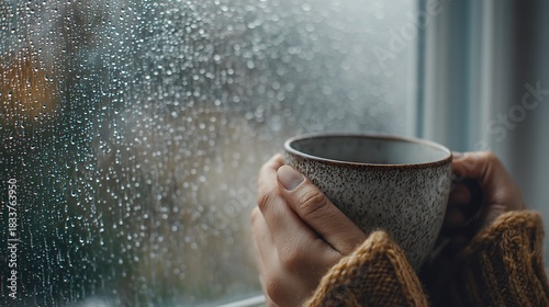 Person holding a warm mug with hands near a rainy window creating a cozy and intimate atmosphere