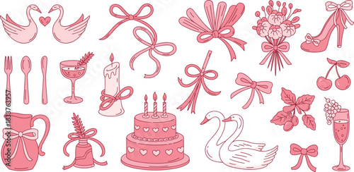 Romantic celebration vector illustration, wedding elements, swans, hearts, flowers, wine glasses, cake, ribbons, pink theme, anniversary, Valentine’s Day design