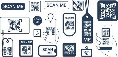 QR code vector set, scan me labels, mobile tags, keychain icons, marketing design, tech interface, digital access, promotional scan elements