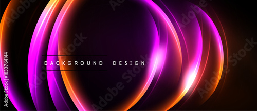 Abstract vibrant layers create glowing effect. Orange, purple, pink hues dominate dark background. Modern design element.