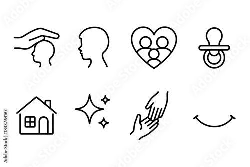 Simple line icons depicting family safety, home, and care concepts