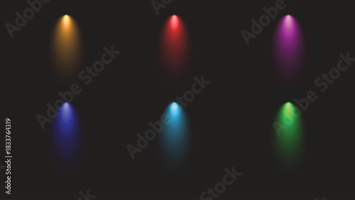 Six Colored Spotlights in Grid Formation on Dark Background Abstract Vector