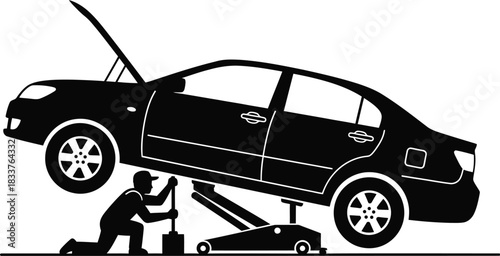 Professional car repair and vehicle maintenance service illustration with a mechanic operating a jack to lift a car, presented as a minimalist black silhouette