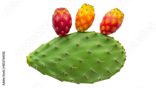 Vibrant Cactus Fruit on Green Prickly Pear Leaf Isolated on White