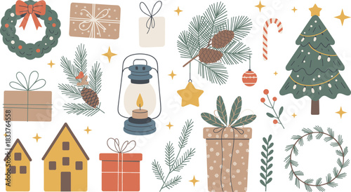 Christmas vector illustration, holiday decorations, festive tree, candy cane, lantern, gift boxes, pine branches, wreath, ornaments, cozy winter, seasonal celebration