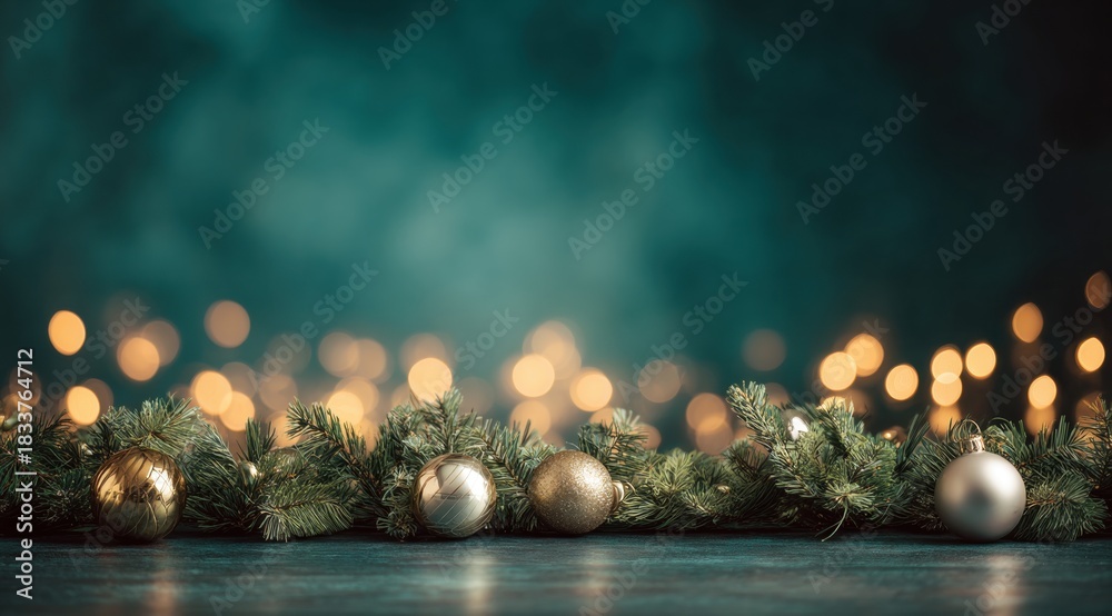 Fototapeta premium Minimalist Christmas Border with Greenery and Warm Bokeh Lights