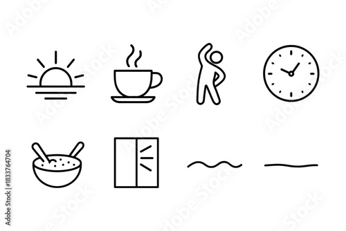 Minimalist morning routine icons: coffee, exercise, breakfast, and more