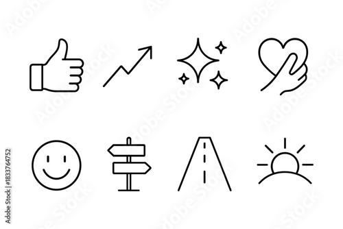 Minimalist icon set: thumbs up, arrow, sparkles, heart, smiley, signpost, road, sunrise
