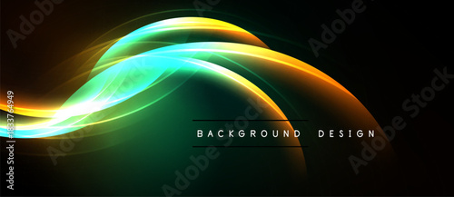 Abstract vibrant light streaks flow across dark background. Smooth curves create dynamic visual effect. Modern design element.
