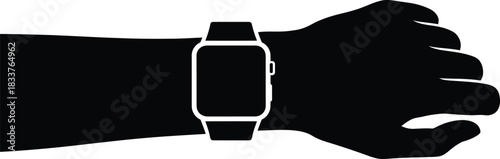 Minimalist flat vector illustration of an arm wearing a modern smartwatch, depicted as a clean black silhouette icon on a pure white background, showcasing contemporary wearable technology