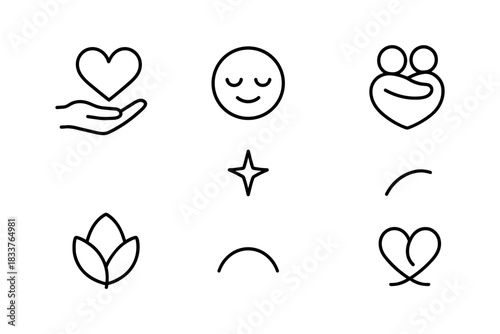 Minimalist line art symbols of love, peace, and harmony