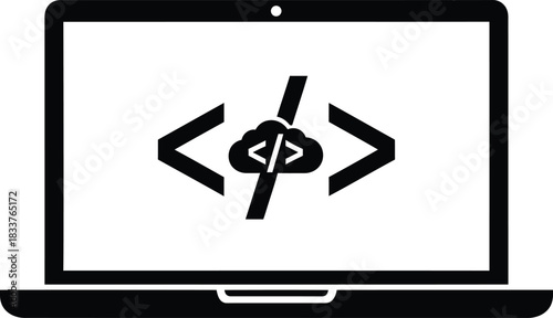 Laptop screen displaying a minimalist icon of code tags surrounding a cloud with a diagonal line through it, symbolizing challenges in cloud computing, data access, or secure software development
