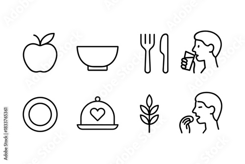 Minimalist food and dining icons with person drinking and eating