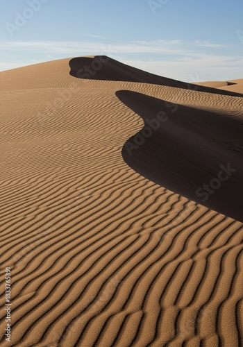 Vast undulating sandy dunes stretch across a barren landscape under a clear sky, showcasing the arid environment's natural beauty ,brown ,dune ,golden