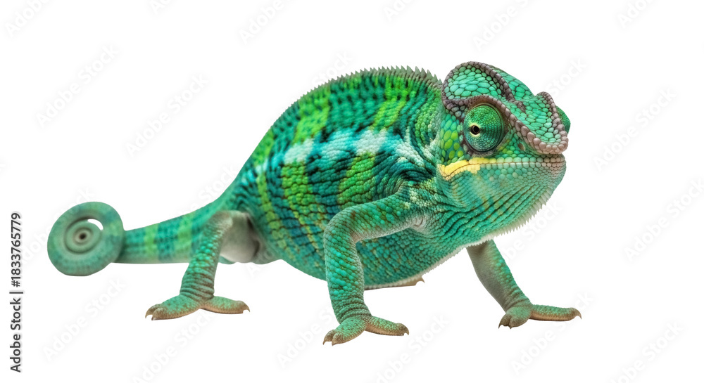Obraz premium Colorful panther chameleon isolated PNG on transparent backdrop, Furcifer pardalis with vibrant green and turquoise skin, exotic pet