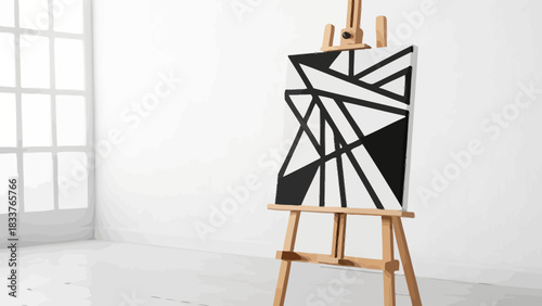 Modern art canvas displayed on easel, bold black and white geometric painting, perfect for contemporary home decor or minimalist design projects